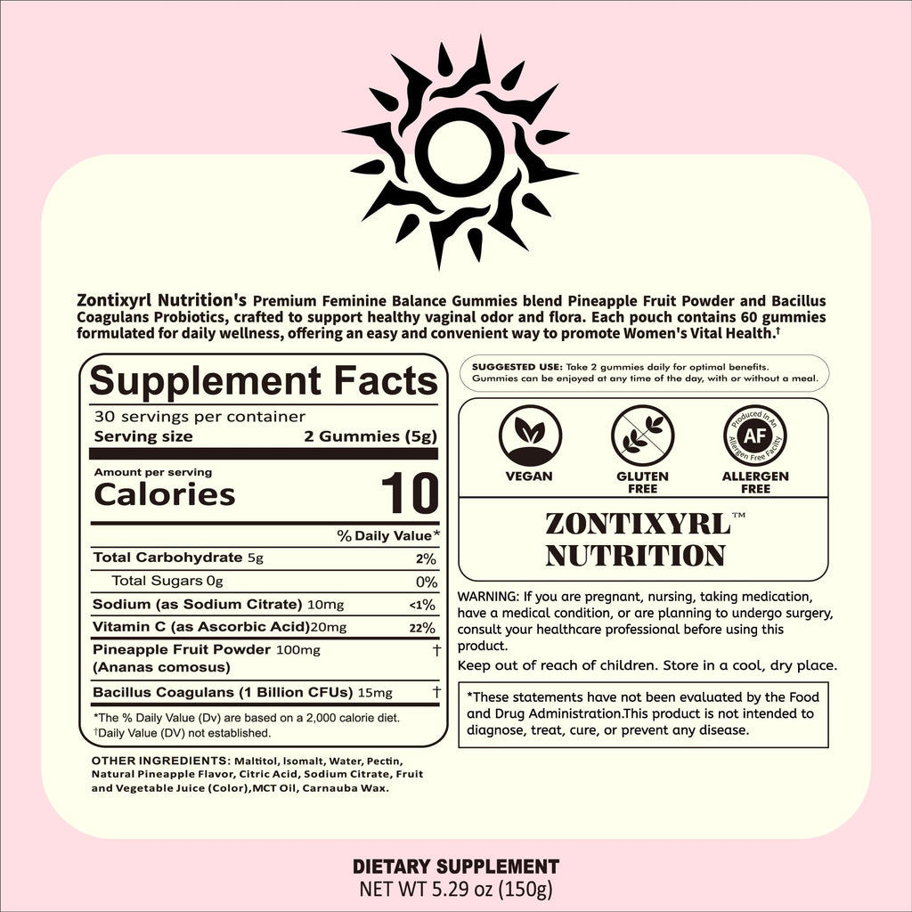 Zontixyrl Premium Feminine Balance Gummies Women - Pineapple Gummies for Women pH Probiotic and Immune Support Vegan Gluten Free 60 Gummies 30 Servings - TrustMedUSA