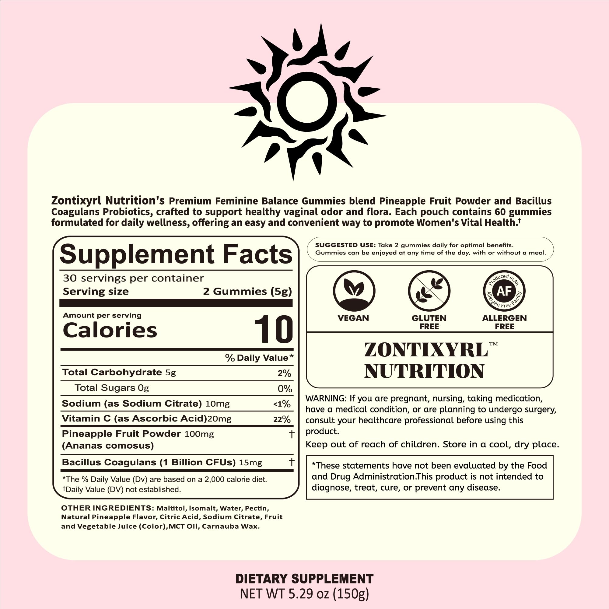 Zontixyrl Premium Feminine Balance Gummies Women - Pineapple Gummies for Women pH Probiotic and Immune Support Vegan Gluten Free 60 Gummies 30 Servings - TrustMedUSA