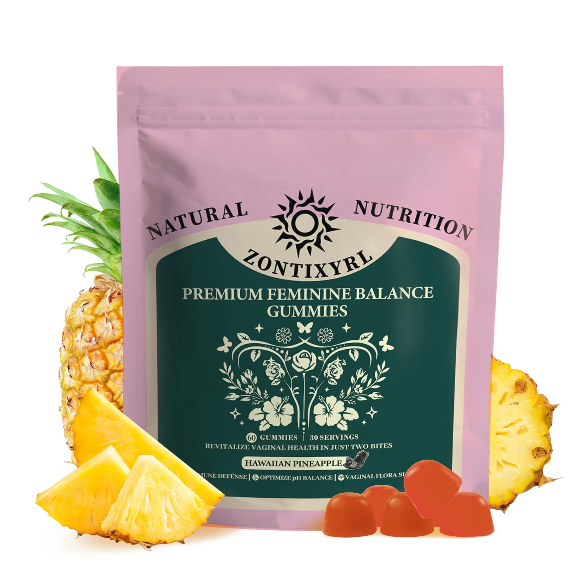 Zontixyrl Premium Feminine Balance Gummies Women - Pineapple Gummies for Women pH Probiotic and Immune Support Vegan Gluten Free 60 Gummies 30 Servings - TrustMedUSA