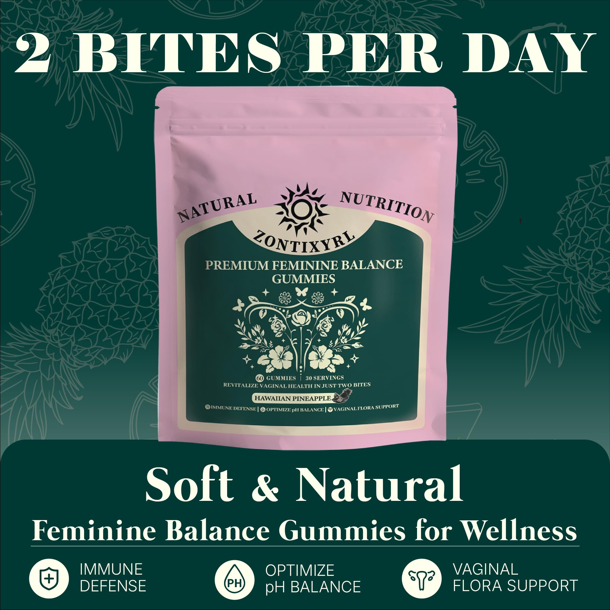Zontixyrl Premium Feminine Balance Gummies Women - Pineapple Gummies for Women pH Probiotic and Immune Support Vegan Gluten Free 60 Gummies 30 Servings - TrustMedUSA