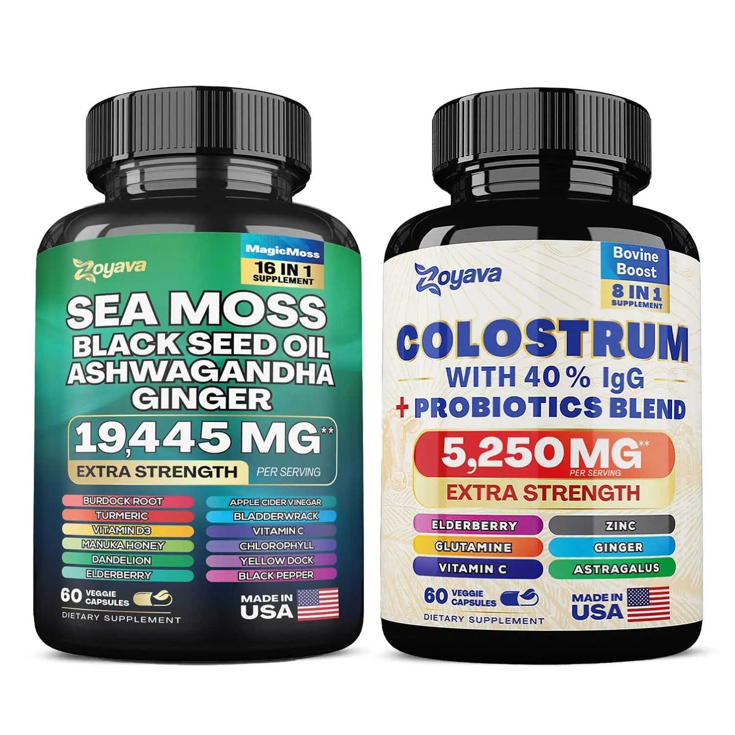 Zoyava Sea Moss 16-in-1 Blend 19,445 MG (60 Caps) and Colostrum 8-in-1 5,250 MG - TrustMedUSA