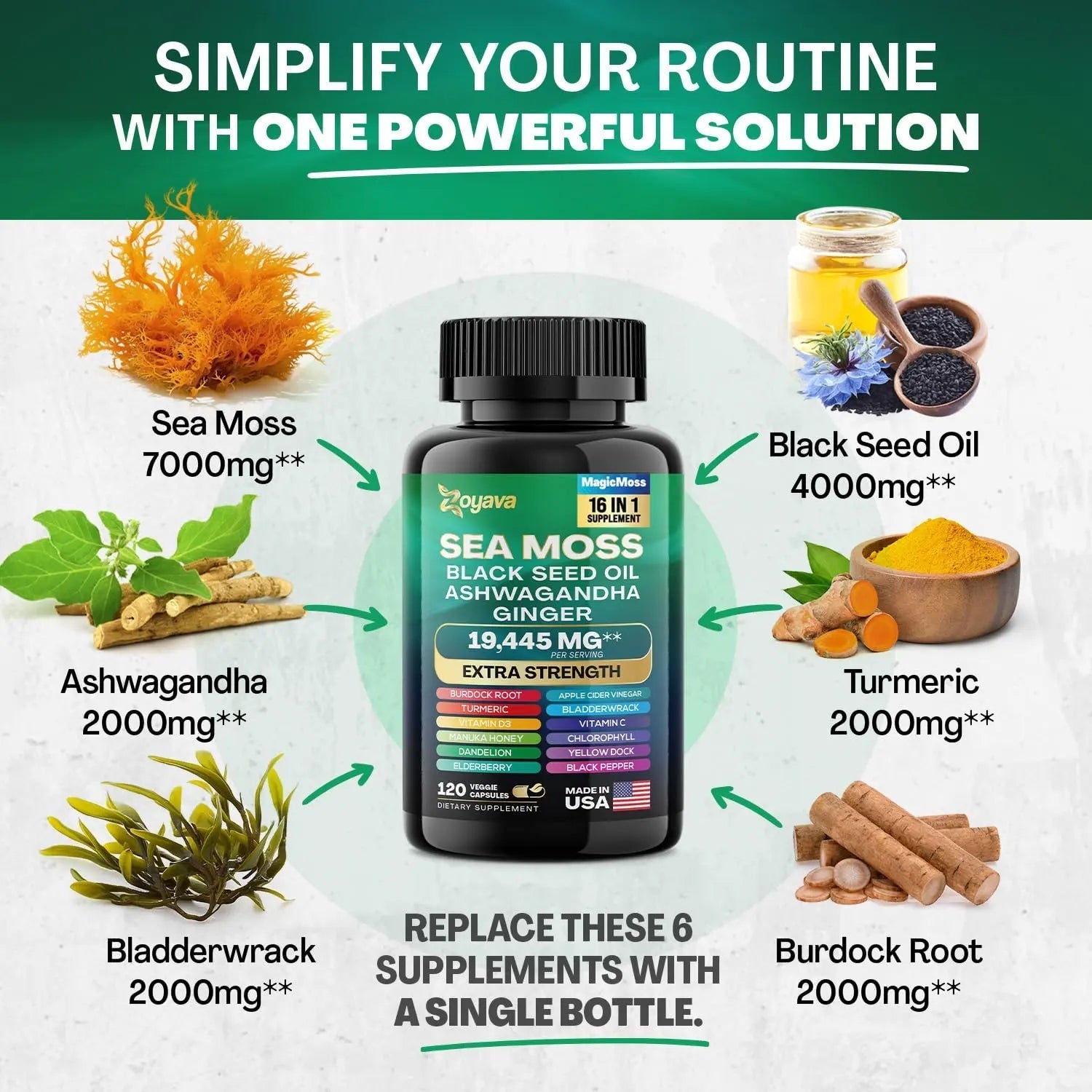 Zoyava Sea Moss 7000mg Black Seed Oil 4000mg Ashwagandha 2000mg Turmeric - TrustMedUSA
