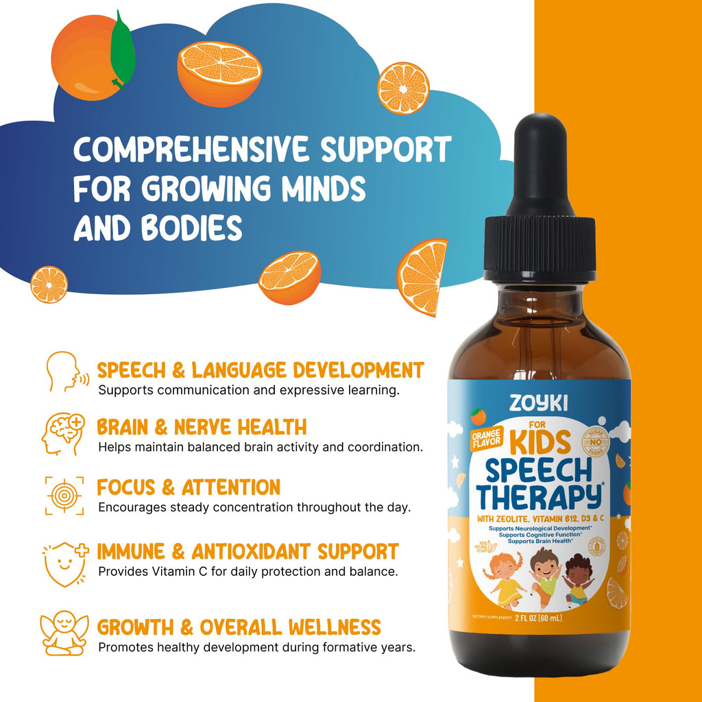 Zoyki Speech Therapy Drops for Kids - Speech Support Supplement for Communication Delay Cognitive Function Language & Brain Development with Zeolite Vitamins B12 D3 C - Sugar Free Gluten-Free Vegan - TrustMedUSA