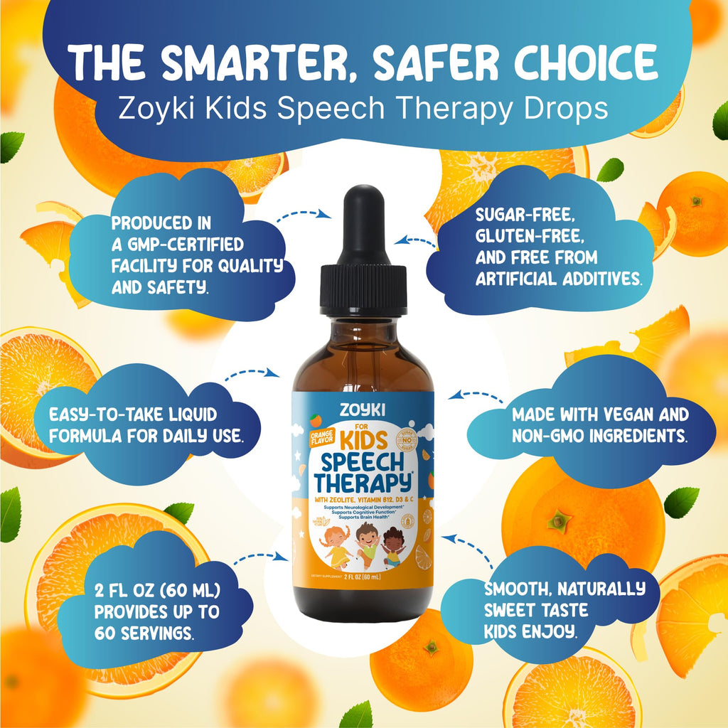Zoyki Speech Therapy Drops for Kids - Speech Support Supplement for Communication Delay Cognitive Function Language & Brain Development with Zeolite Vitamins B12 D3 C - Sugar Free Gluten-Free Vegan - TrustMedUSA