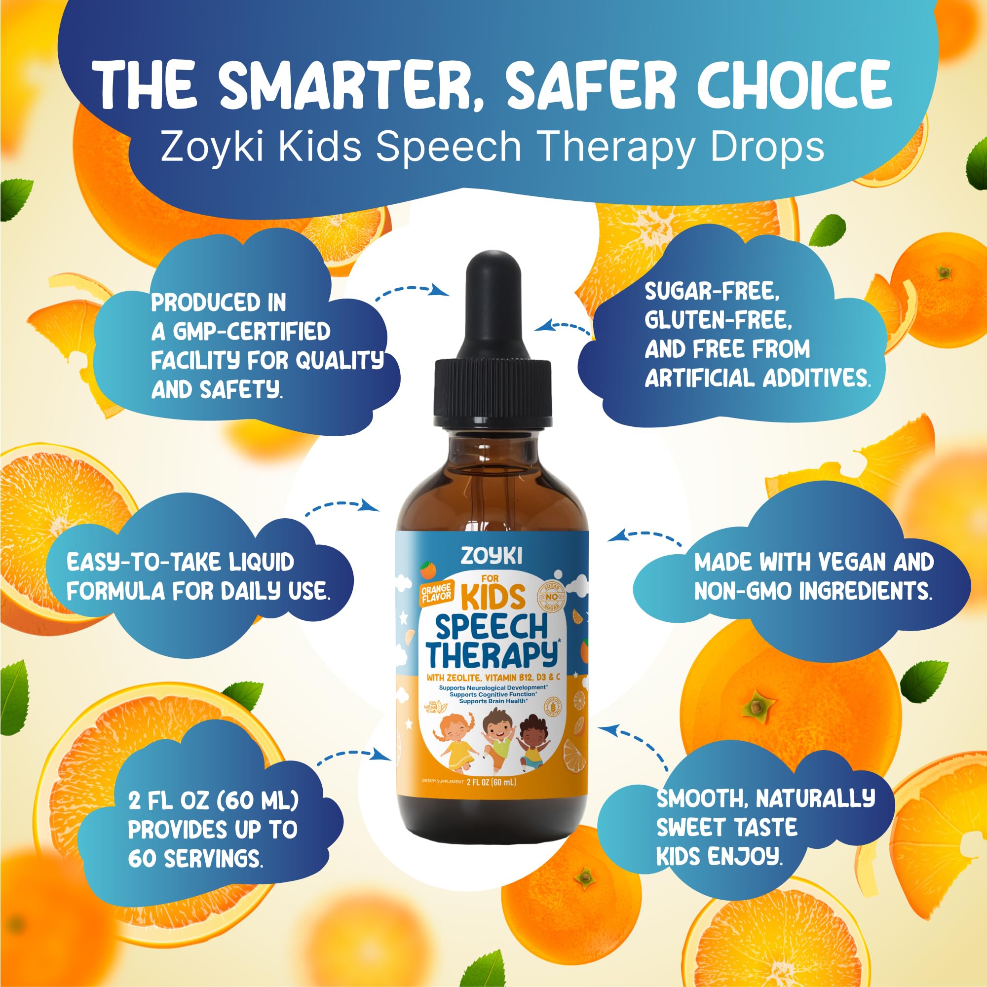 Zoyki Speech Therapy Drops for Kids - Speech Support Supplement for Communication Delay Cognitive Function Language & Brain Development with Zeolite Vitamins B12 D3 C - Sugar Free Gluten-Free Vegan - TrustMedUSA