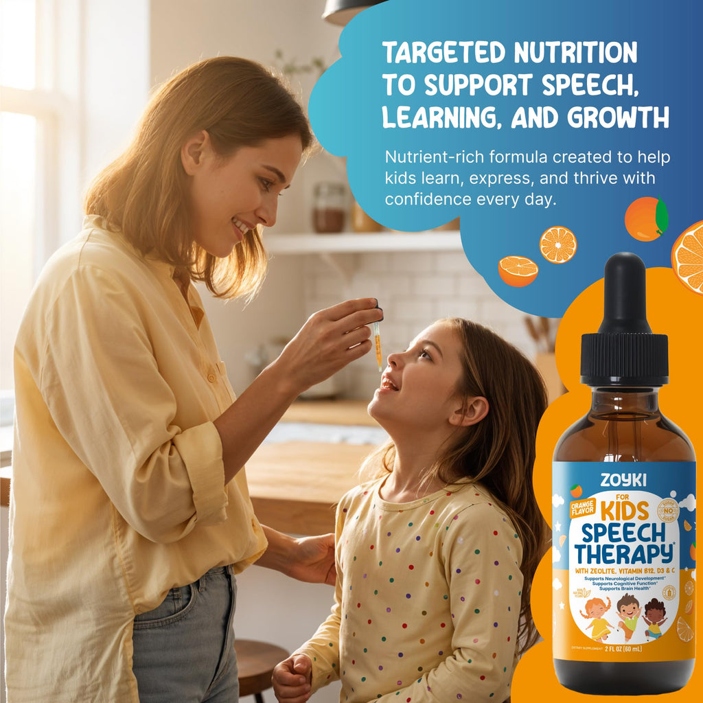 Zoyki Speech Therapy Drops for Kids - Speech Support Supplement for Communication Delay Cognitive Function Language & Brain Development with Zeolite Vitamins B12 D3 C - Sugar Free Gluten-Free Vegan - TrustMedUSA