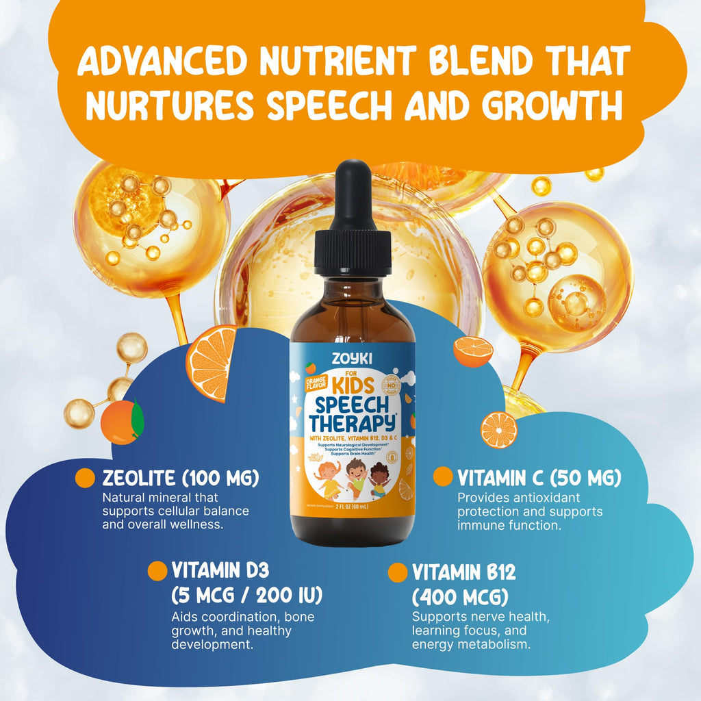Zoyki Speech Therapy Drops for Kids - Speech Support Supplement for Communication Delay Cognitive Function Language & Brain Development with Zeolite Vitamins B12 D3 C - Sugar Free Gluten-Free Vegan - TrustMedUSA