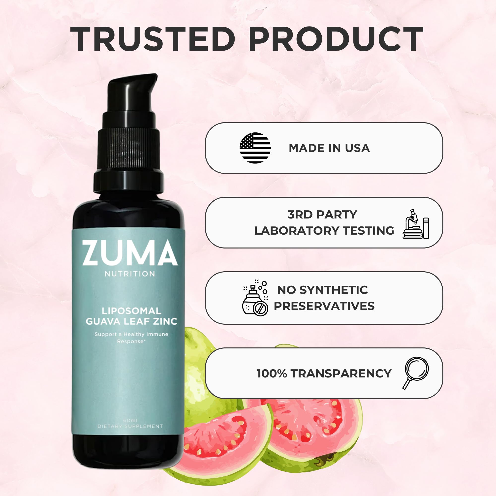 Zuma Nutrition Guava Leaf Zinc with Vitamin C, Vegan & Natural Herbal Supplement for Skin Health, Longevity and Daily Wellness Support for Men and Women, Skin Care Routine, 60 ML Bottle - TrustMedUSA