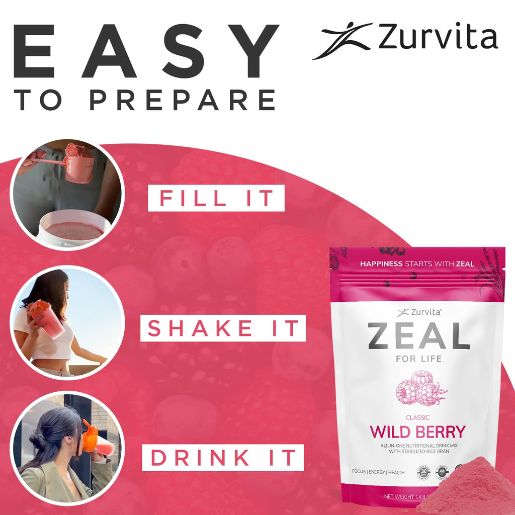 Zurvita - Zeal for Life 30-Day Wellness Bag - Wild Berry (Classic) - Nutritional Supplement for Vitality, Immunity, and Wellness - 420 Grams - TrustMedUSA