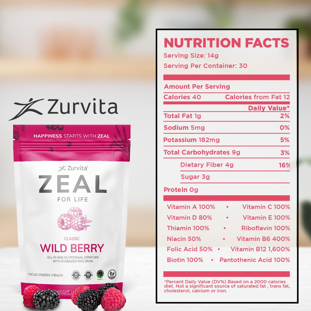 Zurvita - Zeal for Life 30-Day Wellness Bag - Wild Berry (Classic) - Nutritional Supplement for Vitality, Immunity, and Wellness - 420 Grams - TrustMedUSA