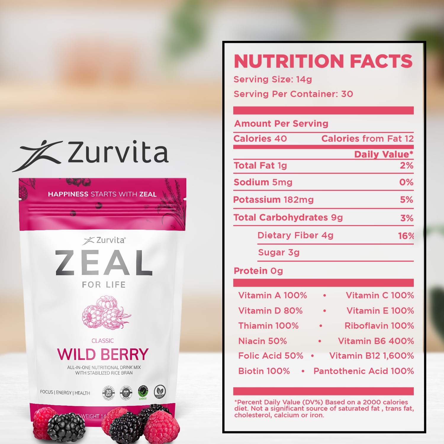 Zurvita - Zeal for Life 30-Day Wellness Bag - Wild Berry (Classic) - Nutritional Supplement for Vitality, Immunity, and Wellness - 420 Grams - TrustMedUSA
