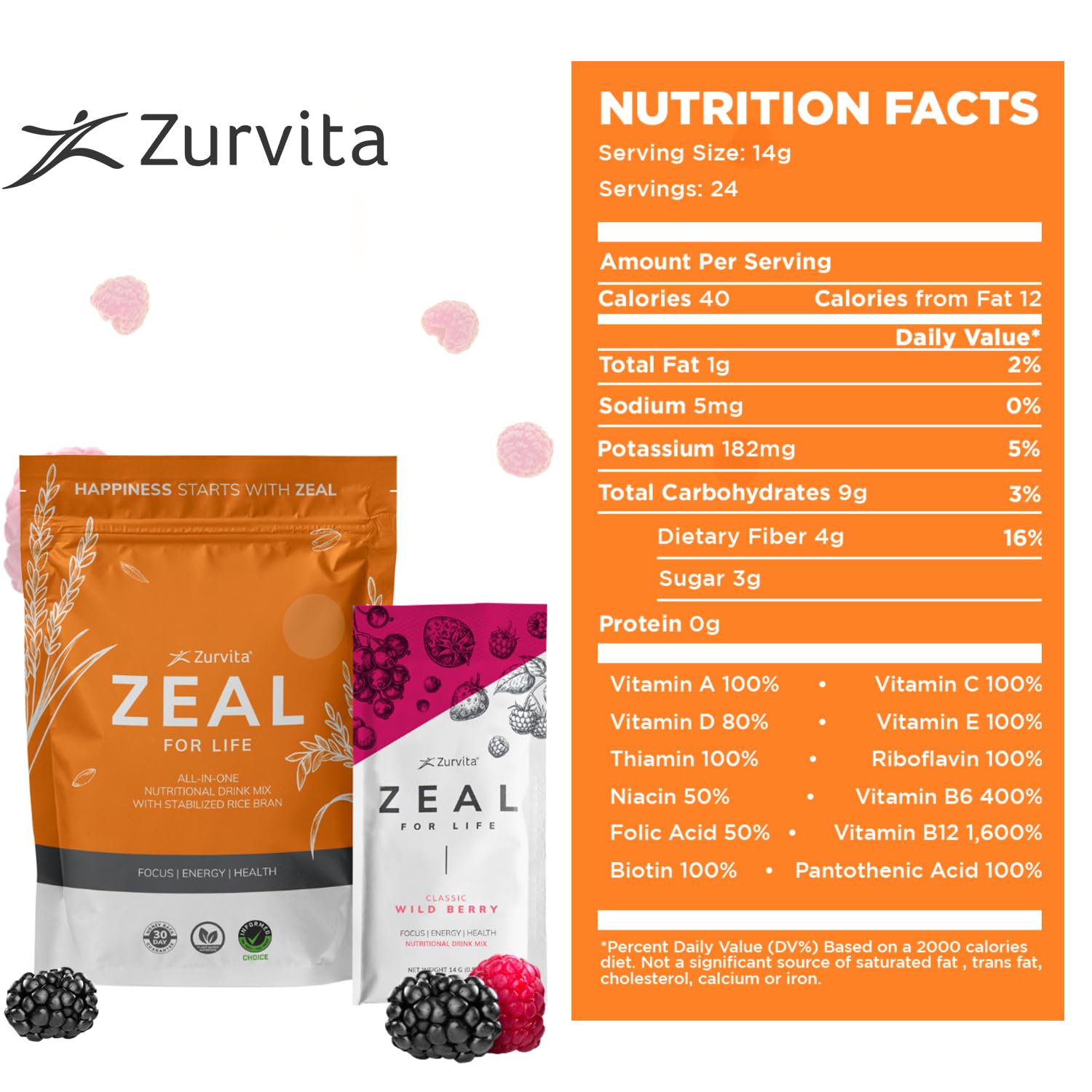 Zurvita - Zeal for Life Wellness Drink Mix - Wild Berry (Classic) Flavor - Gluten-Free, Vegan, with Vitamins and Minerals - 10 Single Packets - TrustMedUSA