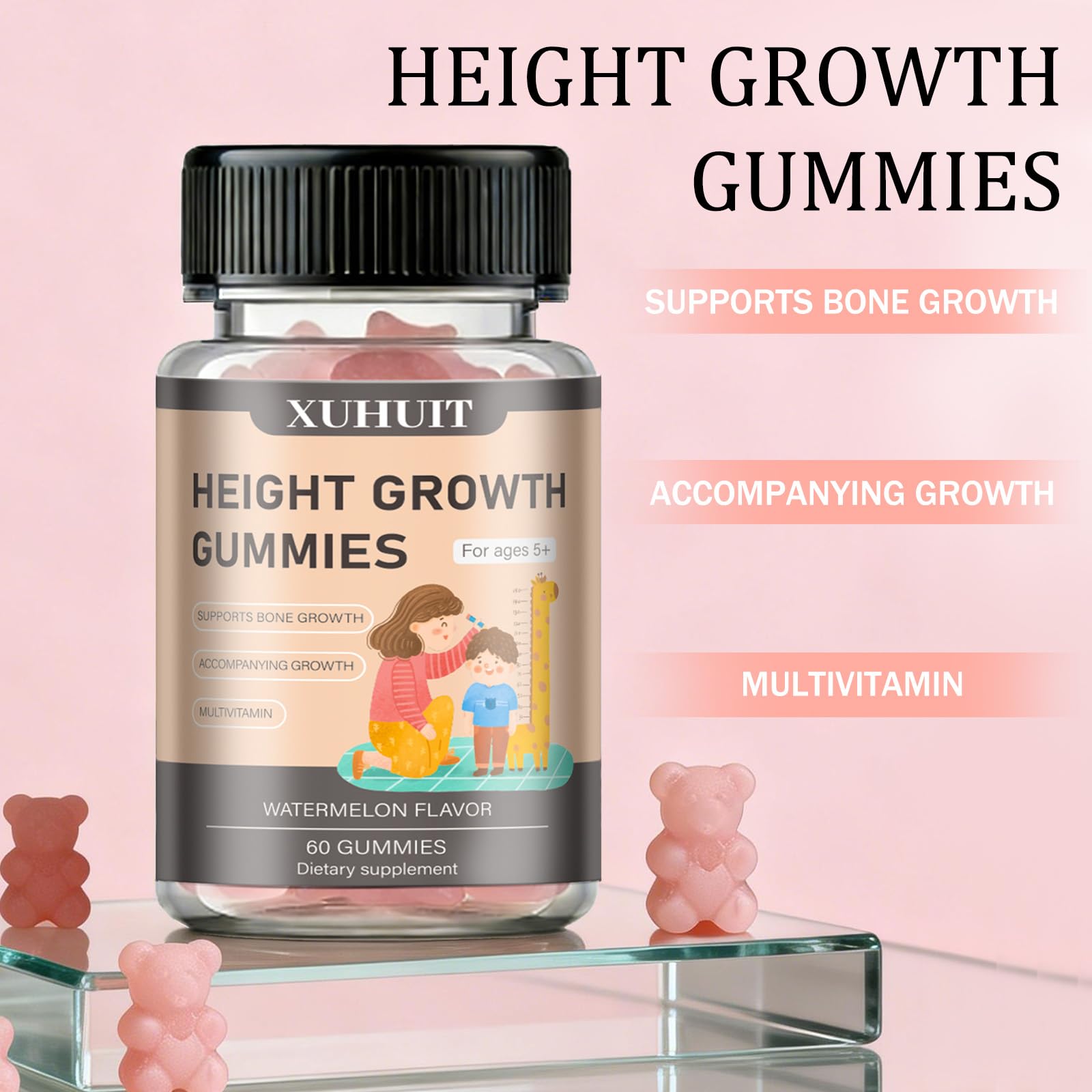 ZYGCDZ Growth Gummies for Kids & Teens - Natural Height Support with Vitamin D3, K2, Calcium & Ashwagandha - Bone Strength Supplement for Picky Eaters Ages 5+ (Watermelon Flavor) (1) - TrustMedUSA
