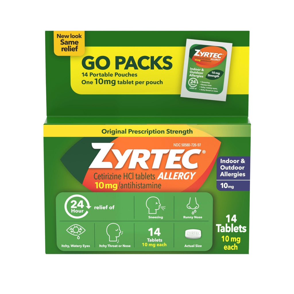 Zyrtec 24 Hour Allergy Relief Tablets, Antihistamine Indoor & Outdoor Anti Allergy Medicine + Cetirizine HCl, Relief from Runny Nose, Sneezing, & Itchy Eyes, Single Packs, 14 x 1 ct Packets - Maple Wellness Supplements