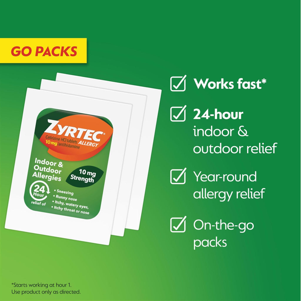 Zyrtec 24 Hour Allergy Relief Tablets, Antihistamine Indoor & Outdoor Anti Allergy Medicine + Cetirizine HCl, Relief from Runny Nose, Sneezing, & Itchy Eyes, Single Packs, 14 x 1 ct Packets - Maple Wellness Supplements