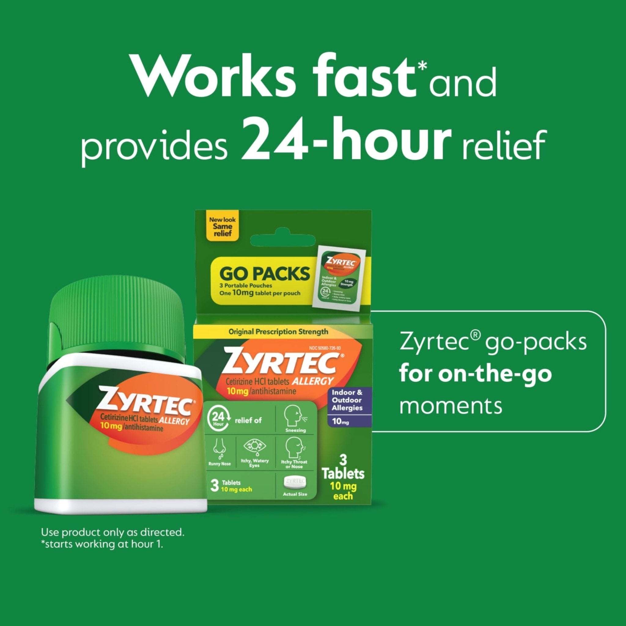 Zyrtec 24 Hour Allergy Relief Tablets, Fast-Acting Allergy Medicine for Indoor & Outdoor Allergies, Cetirizine 10 mg Tablet Antihistamine, 30 ct Bottle & 3 Single-Dose Travel Packs Bundle Pack - Maple Wellness Supplements