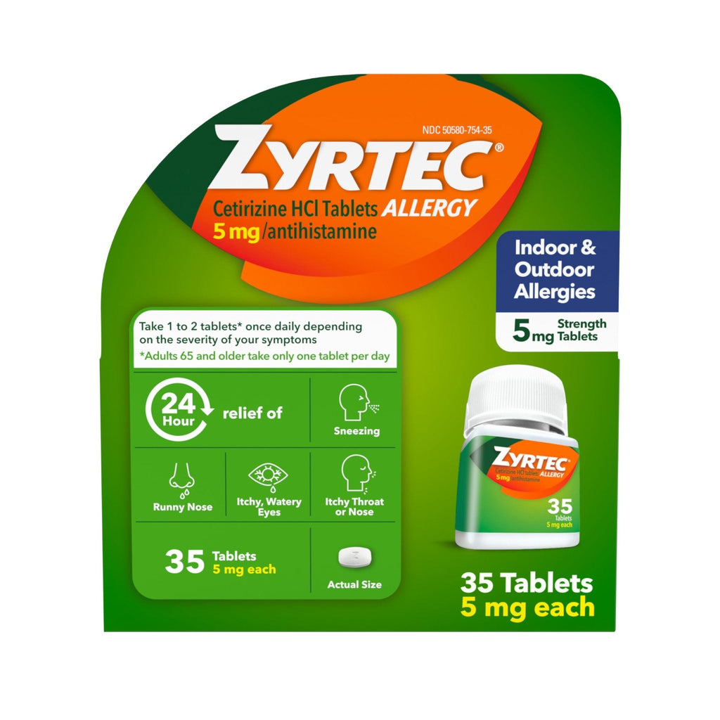 Zyrtec 24 Hour Allergy Relief Tablets, Indoor & Outdoor Allergy Medicine for Adults with 5 mg Cetirizine Hydrochloride, Relief of Runny Nose, Sneezing, Itchy Eyes, Plus Dust, Mold & Pet Dander, 35 ct - Maple Wellness Supplements