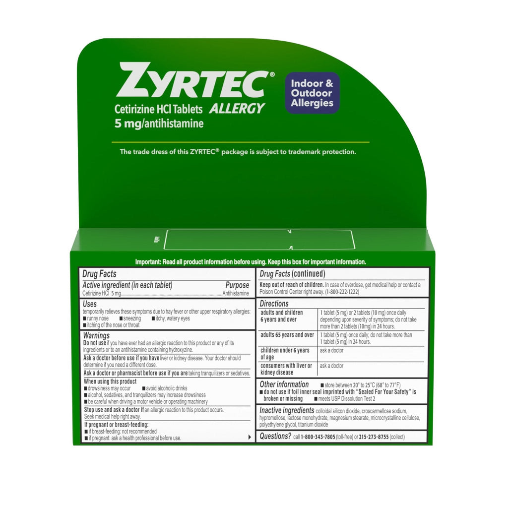 Zyrtec 24 Hour Allergy Relief Tablets, Indoor & Outdoor Allergy Medicine for Adults with 5 mg Cetirizine Hydrochloride, Relief of Runny Nose, Sneezing, Itchy Eyes, Plus Dust, Mold & Pet Dander, 35 ct - Maple Wellness Supplements