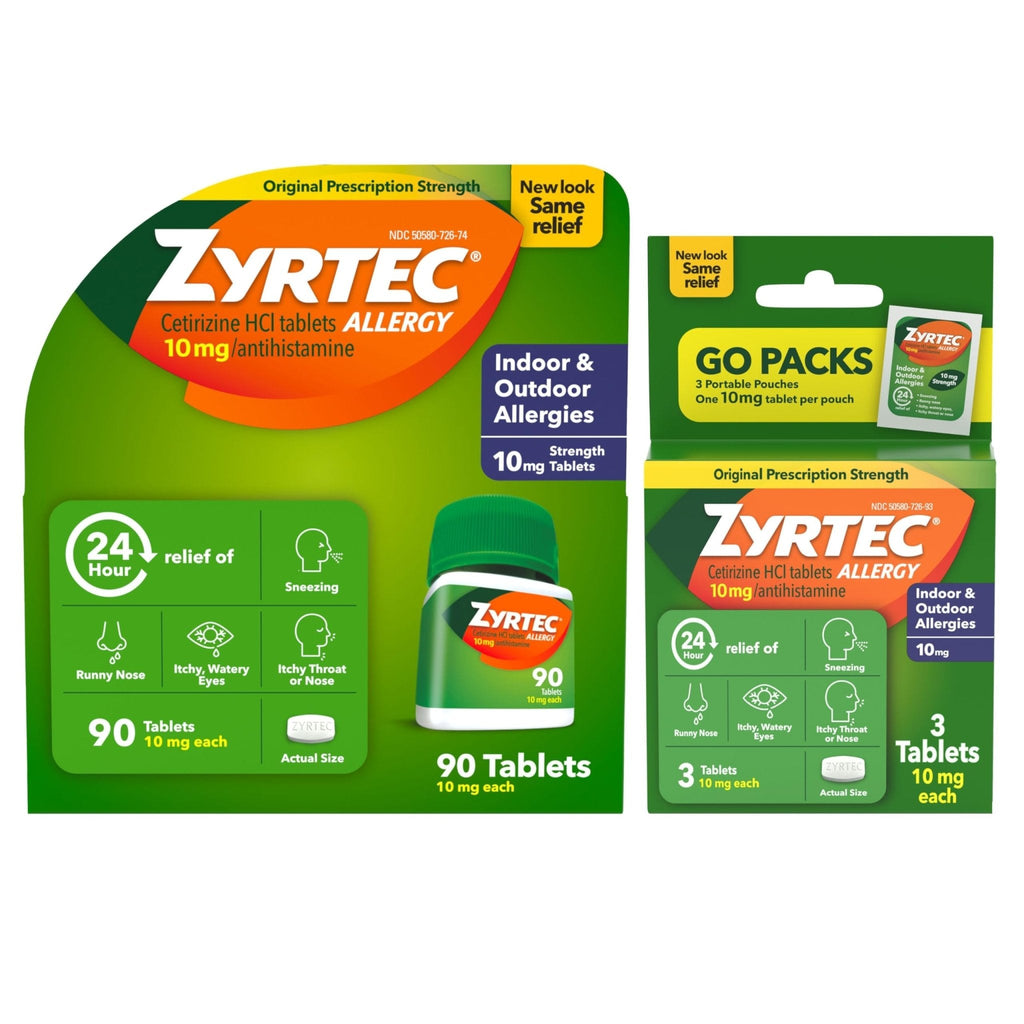 Zyrtec 24 Hour Allergy Relief Tablets, Indoor & Outdoor Allergy Medicine with 10 mg Cetirizine Hydrochloride Antihistamine, Value Bundle of one, 90 ct Bottle & Three, 1 ct Travel Packs - Maple Wellness Supplements