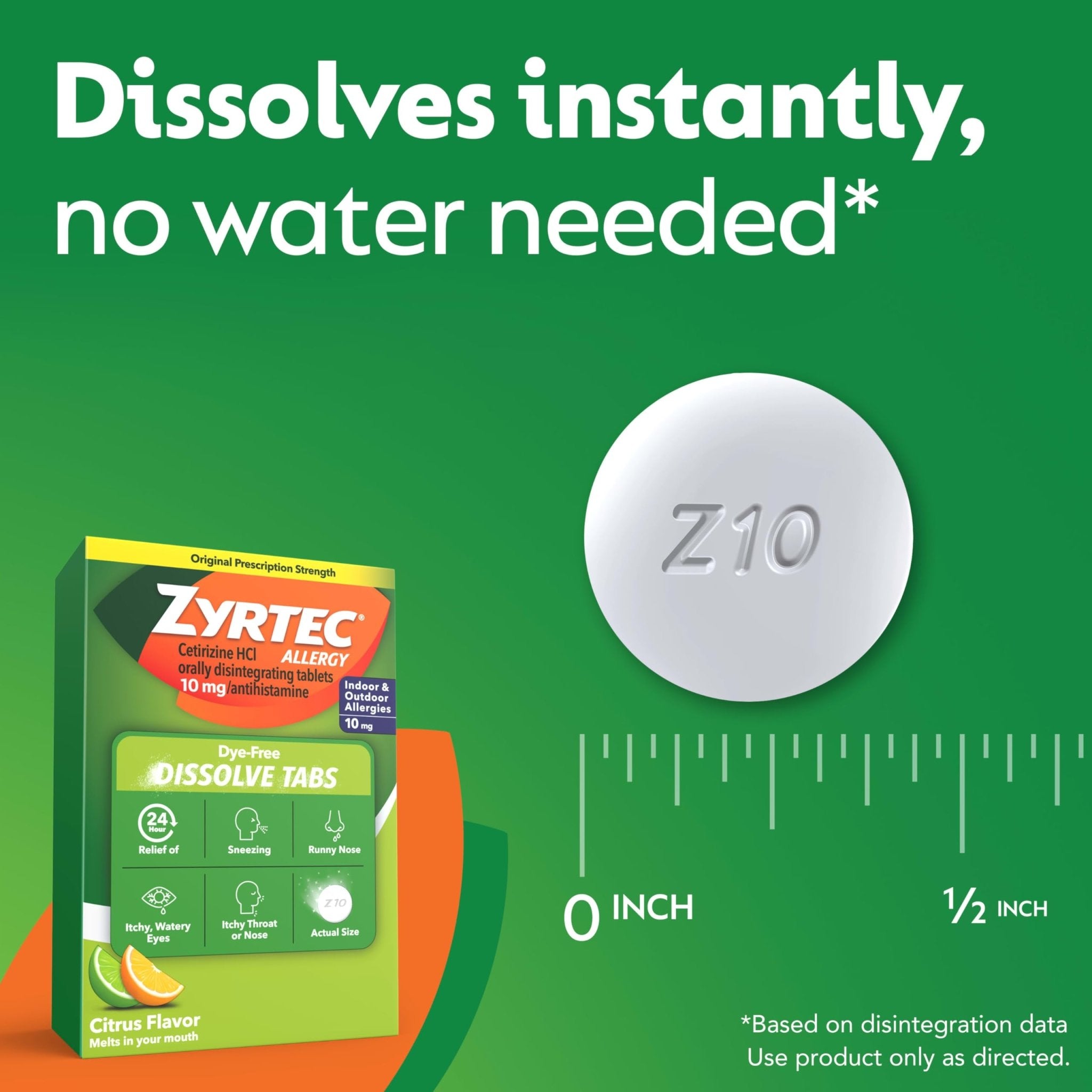 Zyrtec 24 Hour Dye-Free Allergy Relief Dissolve Tablets with 10 mg Cetirizine HCl, Citrus Flavored Antihistamine Allergy Medicine Helps Relieve Sneezing, Runny Nose, & Itchy Eyes, 24 ct - Maple Wellness Supplements