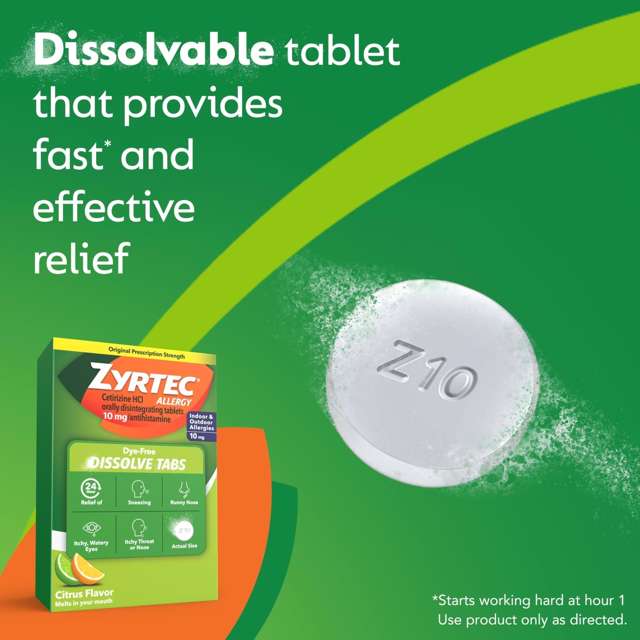 Zyrtec 24 Hour Dye-Free Allergy Relief Dissolve Tablets with 10 mg Cetirizine HCl, Citrus Flavored Antihistamine Allergy Medicine Helps Relieve Sneezing, Runny Nose, & Itchy Eyes, 24 ct - Maple Wellness Supplements