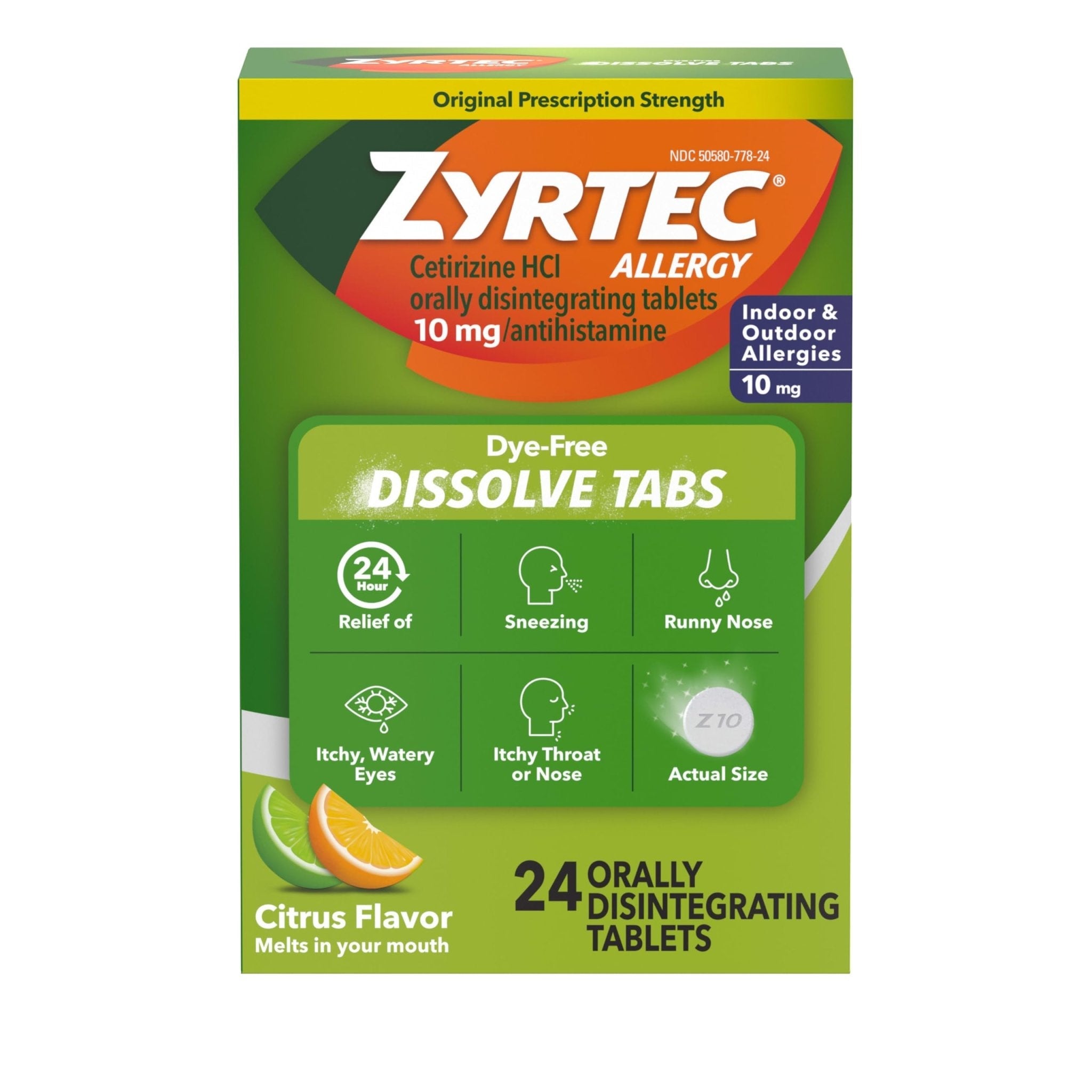 Zyrtec 24 Hour Dye-Free Allergy Relief Dissolve Tablets with 10 mg Cetirizine HCl, Citrus Flavored Antihistamine Allergy Medicine Helps Relieve Sneezing, Runny Nose, & Itchy Eyes, 24 ct - Maple Wellness Supplements