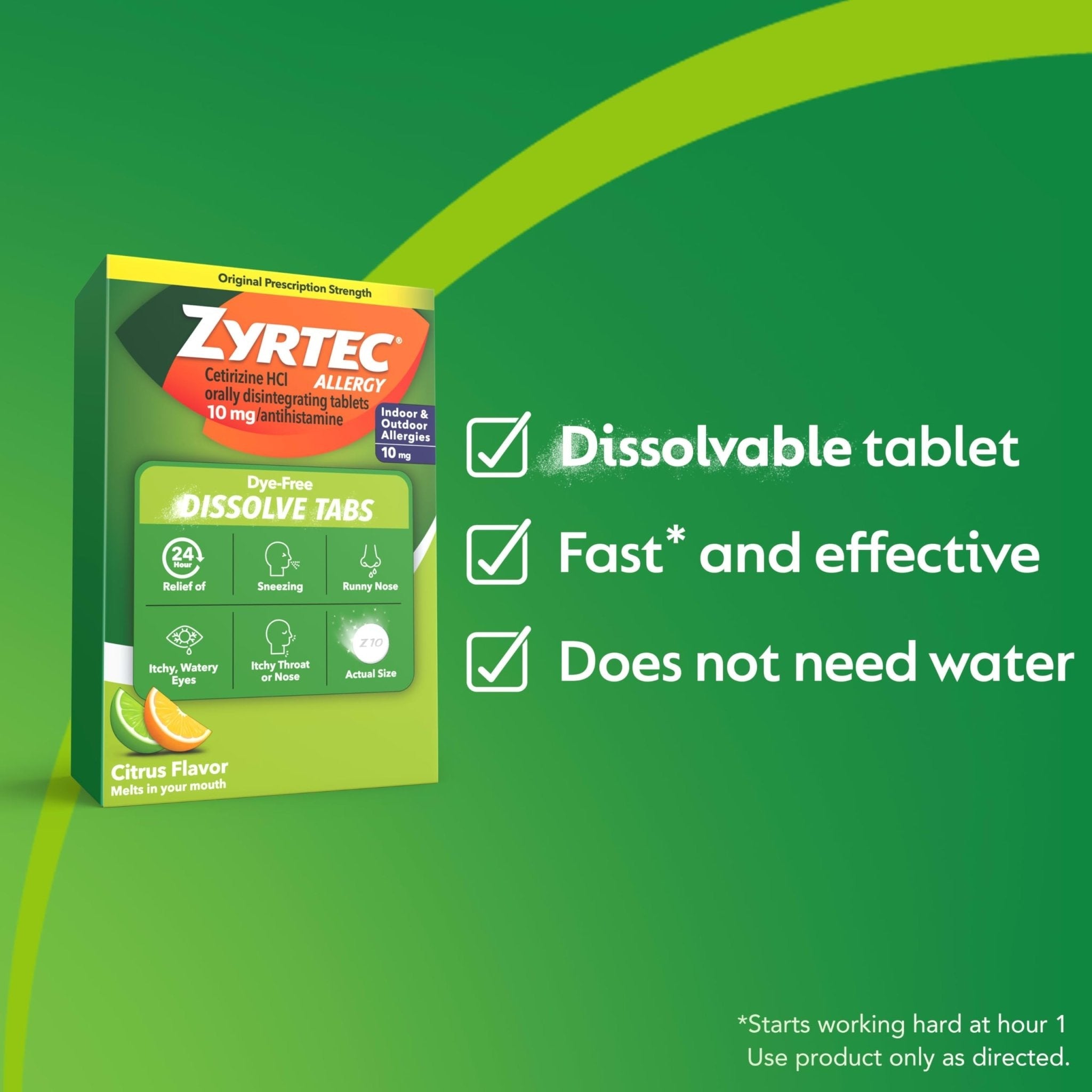 Zyrtec 24 Hour Dye-Free Allergy Relief Dissolve Tablets with 10 mg Cetirizine HCl, Citrus Flavored Antihistamine Allergy Medicine Helps Relieve Sneezing, Runny Nose, & Itchy Eyes, 24 ct - Maple Wellness Supplements