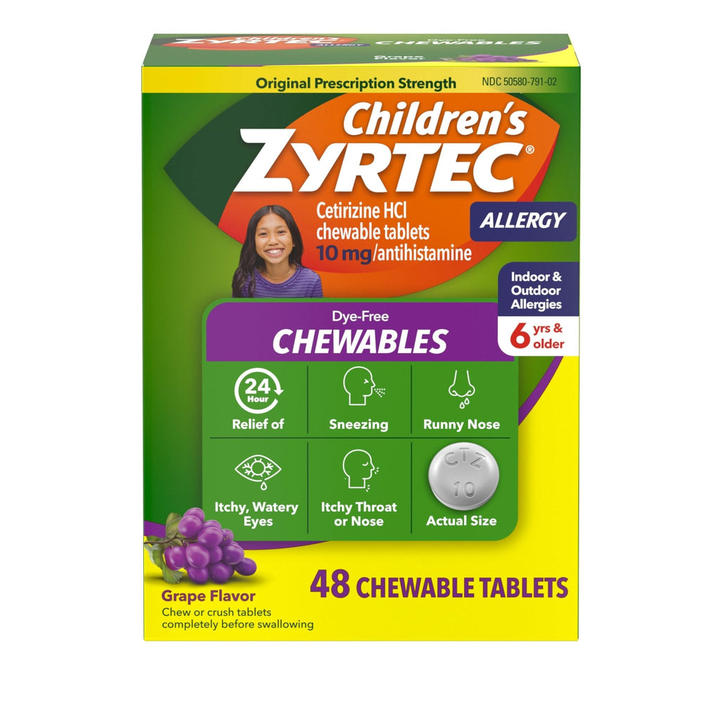 Zyrtec Children's Dye-Free Chewables for 24 Hour Allergy Relief, 10 mg Cetirizine Hydrochloride Antihistamine Tablets, Kids Allergy Medicine Relieves Sneezing & Itchy Throat, Grape, 48 ct - Maple Wellness Supplements
