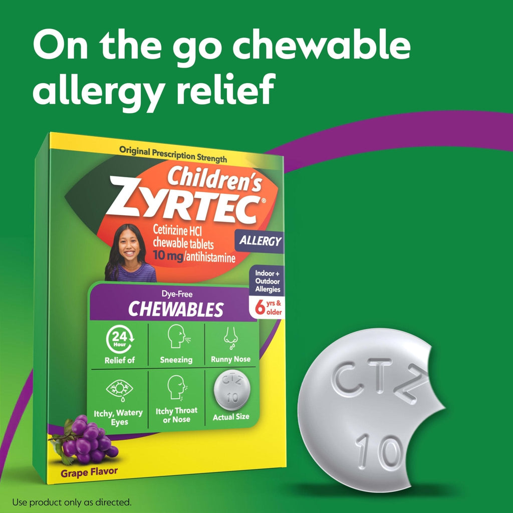 Zyrtec Children's Dye-Free Chewables for 24 Hour Allergy Relief, 10 mg Cetirizine Hydrochloride Antihistamine Tablets, Kids Allergy Medicine Relieves Sneezing & Itchy Throat, Grape, 48 ct - Maple Wellness Supplements