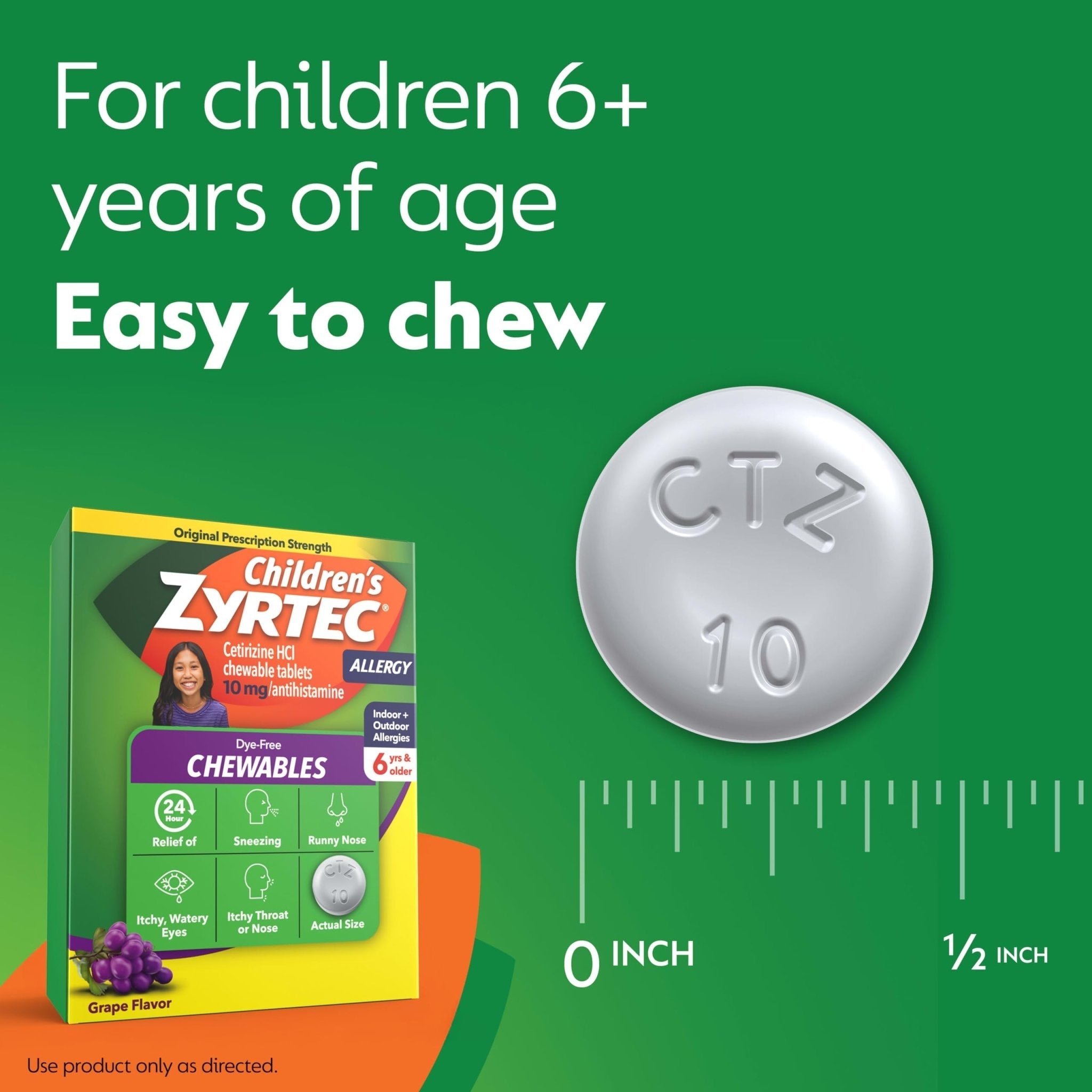 Zyrtec Children's Dye-Free Chewables for 24 Hour Allergy Relief, 10 mg Cetirizine Hydrochloride Antihistamine Tablets, Kids Allergy Medicine Relieves Sneezing & Itchy Throat, Grape, 48 ct - Maple Wellness Supplements
