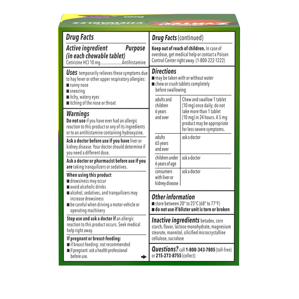 Zyrtec Children's Dye-Free Chewables for 24 Hour Allergy Relief, 10 mg Cetirizine Hydrochloride Antihistamine Tablets, Kids Allergy Medicine Relieves Sneezing & Itchy Throat, Grape, 48 ct - Maple Wellness Supplements