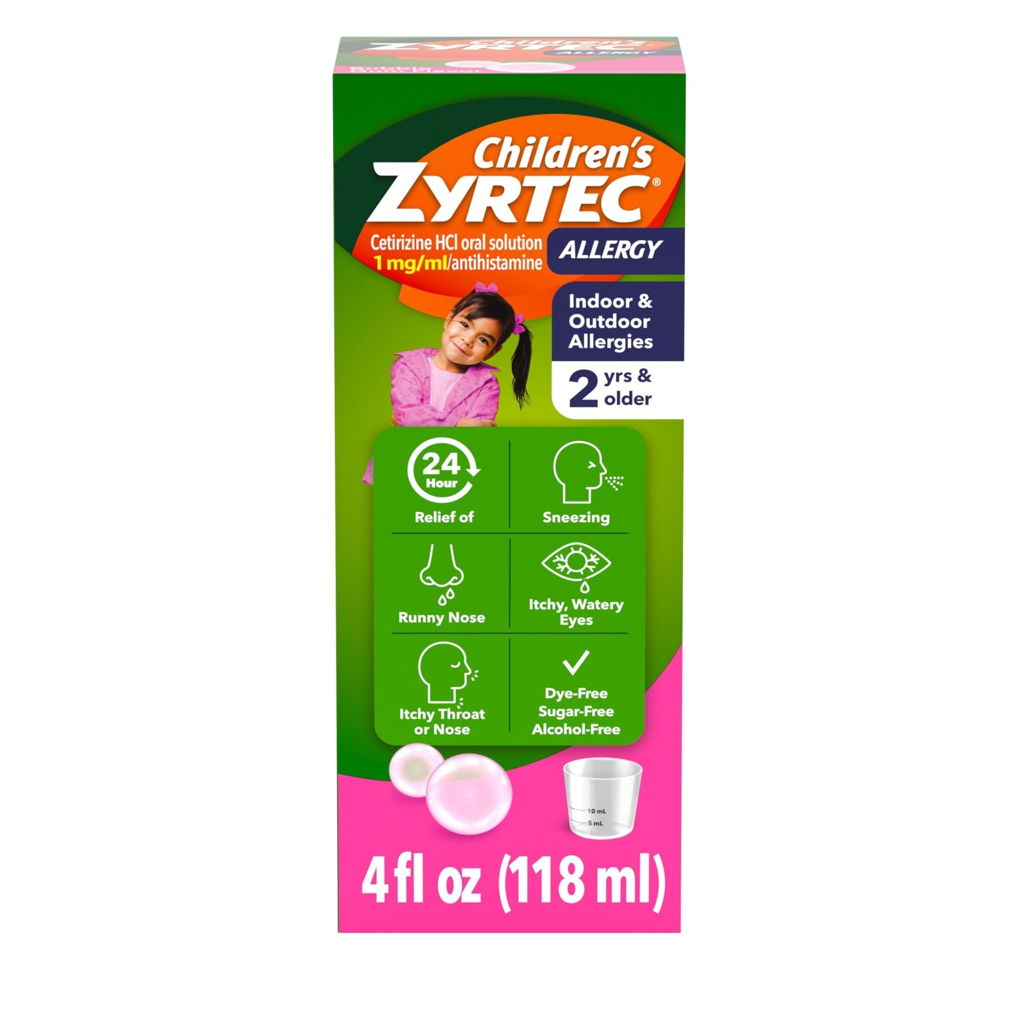 Zyrtec Children's Liquid, Kid's Antihistamine Syrup, Dye-, Sugar-, and Alcohol-Free, Pleasant Bubble Gum Flavor, Contains Cetirizine HCl Suitable for Ages 2 Years and Up, 4 fl oz Bottle - Maple Wellness Supplements