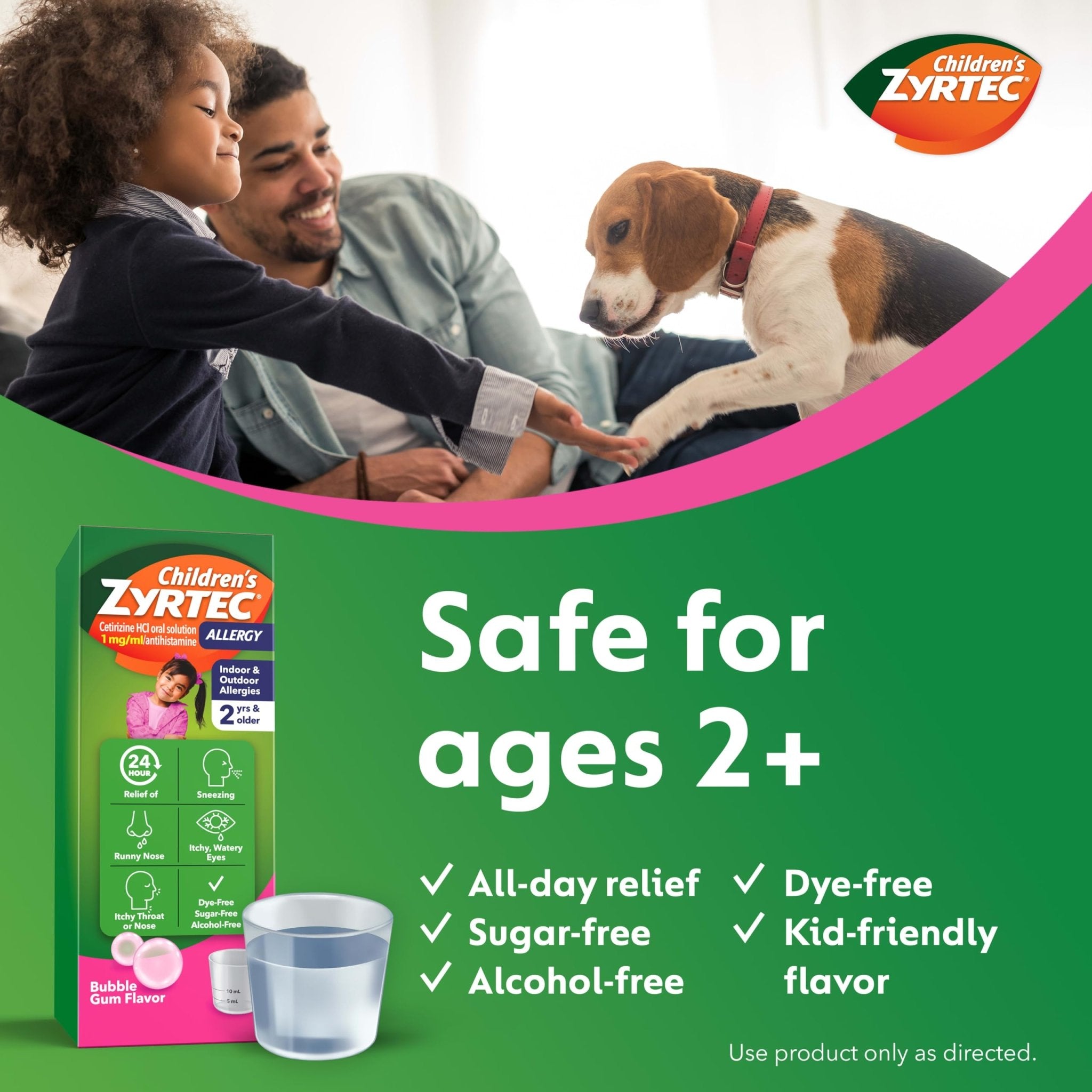 Zyrtec Children's Liquid, Kid's Antihistamine Syrup, Dye-, Sugar-, and Alcohol-Free, Pleasant Bubble Gum Flavor, Contains Cetirizine HCl Suitable for Ages 2 Years and Up, 4 fl oz Bottle - Maple Wellness Supplements