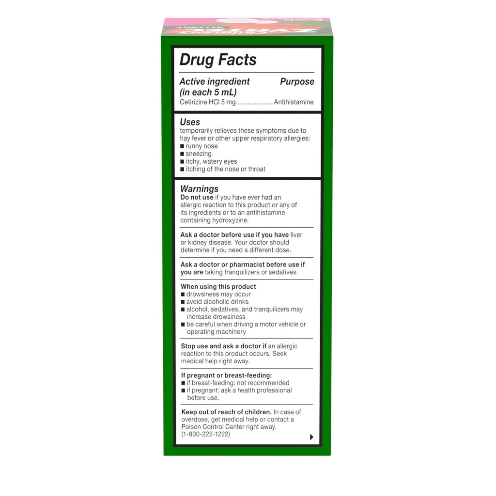 Zyrtec Children's Liquid, Kid's Antihistamine Syrup, Dye-, Sugar-, and Alcohol-Free, Pleasant Bubble Gum Flavor, Contains Cetirizine HCl Suitable for Ages 2 Years and Up, 4 fl oz Bottle - Maple Wellness Supplements