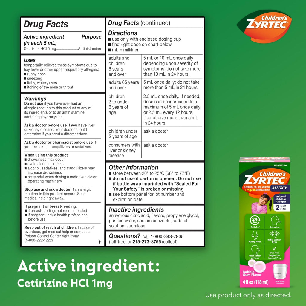 Zyrtec Children's Liquid, Kid's Antihistamine Syrup, Dye-, Sugar-, and Alcohol-Free, Pleasant Bubble Gum Flavor, Contains Cetirizine HCl Suitable for Ages 2 Years and Up, 4 fl oz Bottle - Maple Wellness Supplements