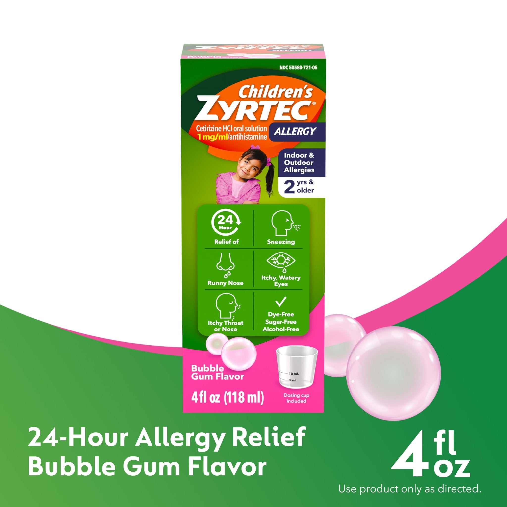 Zyrtec Children's Liquid, Kid's Antihistamine Syrup, Dye-, Sugar-, and Alcohol-Free, Pleasant Bubble Gum Flavor, Contains Cetirizine HCl Suitable for Ages 2 Years and Up, 4 fl oz Bottle - Maple Wellness Supplements