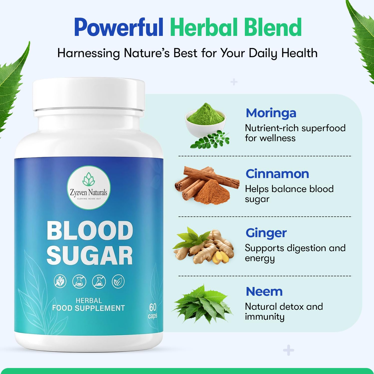 Zyzven Naturals Blood Sugar Support Supplement – 60 Vegan Capsules | Herbal Supplement with Moringa, Cinnamon, Ginger, Neem & Fenugreek | Plant-Based Wellness Supplement - Serving: 2 Capsules/Day - TrustMedUSA