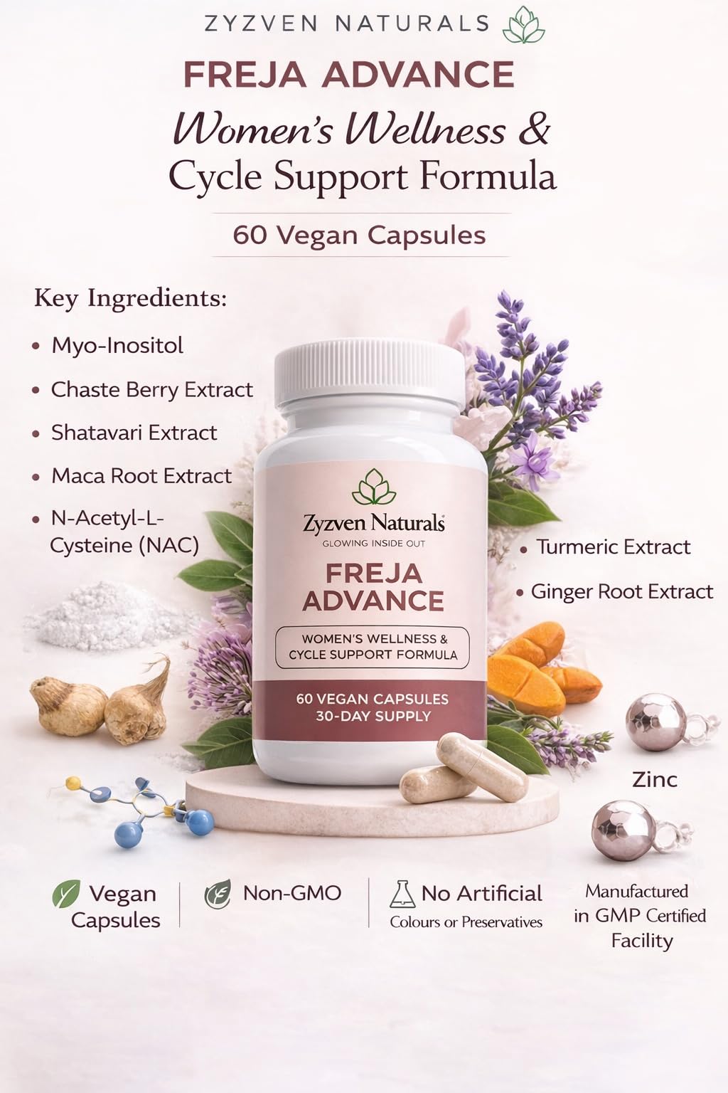 Zyzven Naturals Freja Advance – Women’s Wellness & Cycle Support Supplement – Myo-Inositol, Maca, Vitex, Shatavari, NAC, Zinc & Chromium – 60 Vegan Capsules – 30 Day Supply - TrustMedUSA