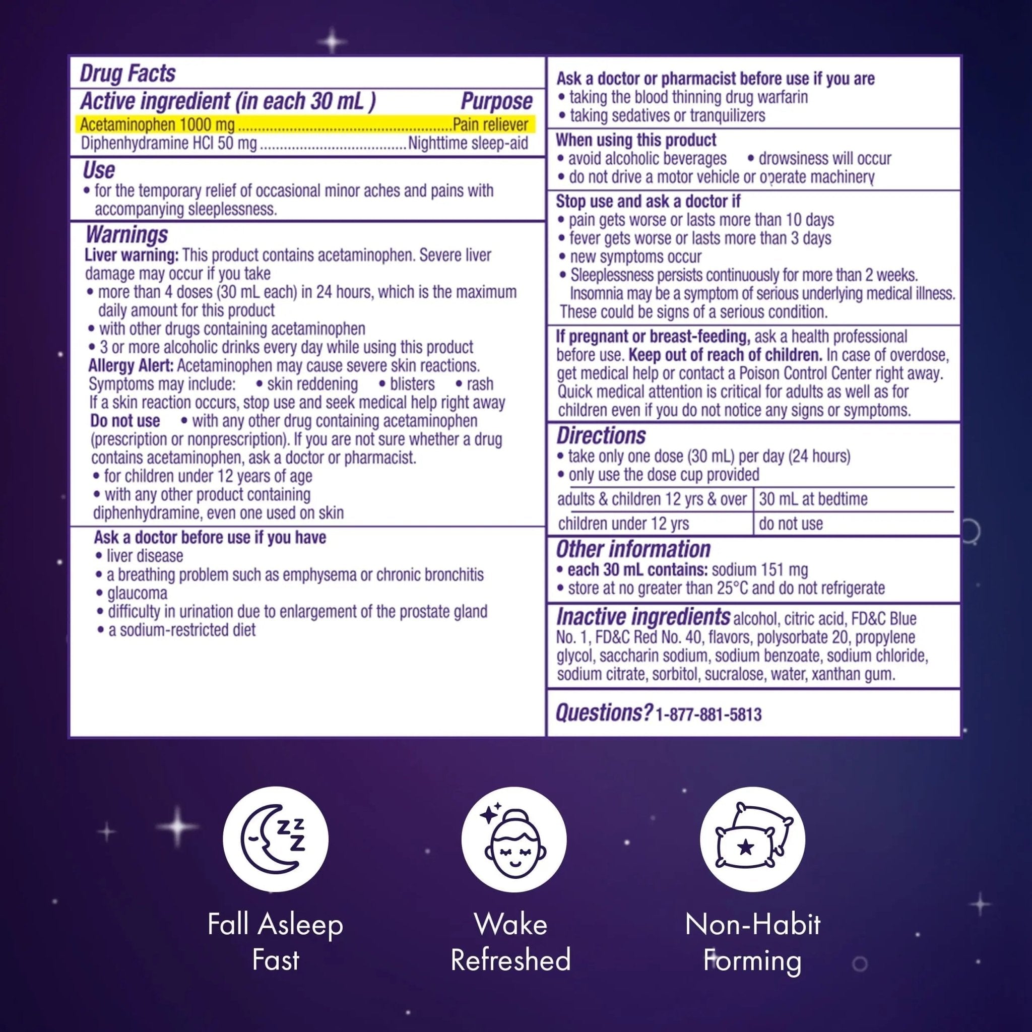 ZzzQuil Liquid, Max Strength Pain Reliever, Nighttime Sleep Aid Liquid, Acetaminophen 1000mg, Diphenhydramine 50mg HCI, Non-Habit Forming, Midnight Berry Flavored, 2 Pack, 24 FL OZ - TrustMedUSA