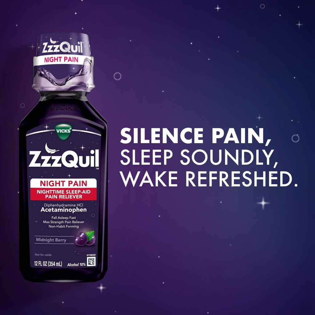 ZzzQuil Liquid, Max Strength Pain Reliever, Nighttime Sleep Aid Liquid, Acetaminophen 1000mg, Diphenhydramine 50mg HCI, Non-Habit Forming, Midnight Berry Flavored, 2 Pack, 24 FL OZ - TrustMedUSA