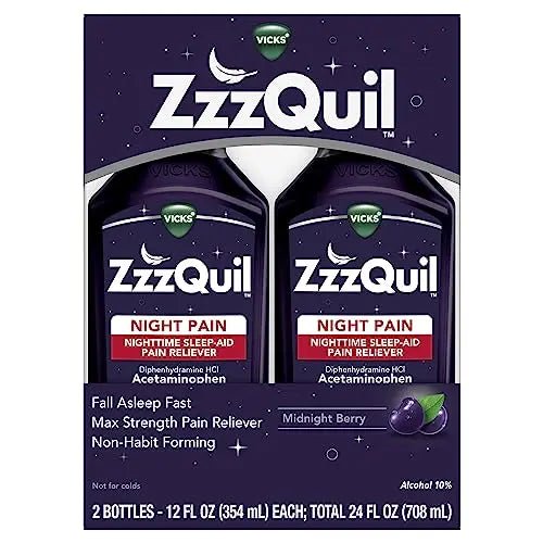 ZzzQuil Liquid, Max Strength Pain Reliever, Nighttime Sleep Aid Liquid, Acetaminophen 1000mg, Diphenhydramine 50mg HCI, Non-Habit Forming, Midnight Berry Flavored, 2 Pack, 24 FL OZ - TrustMedUSA