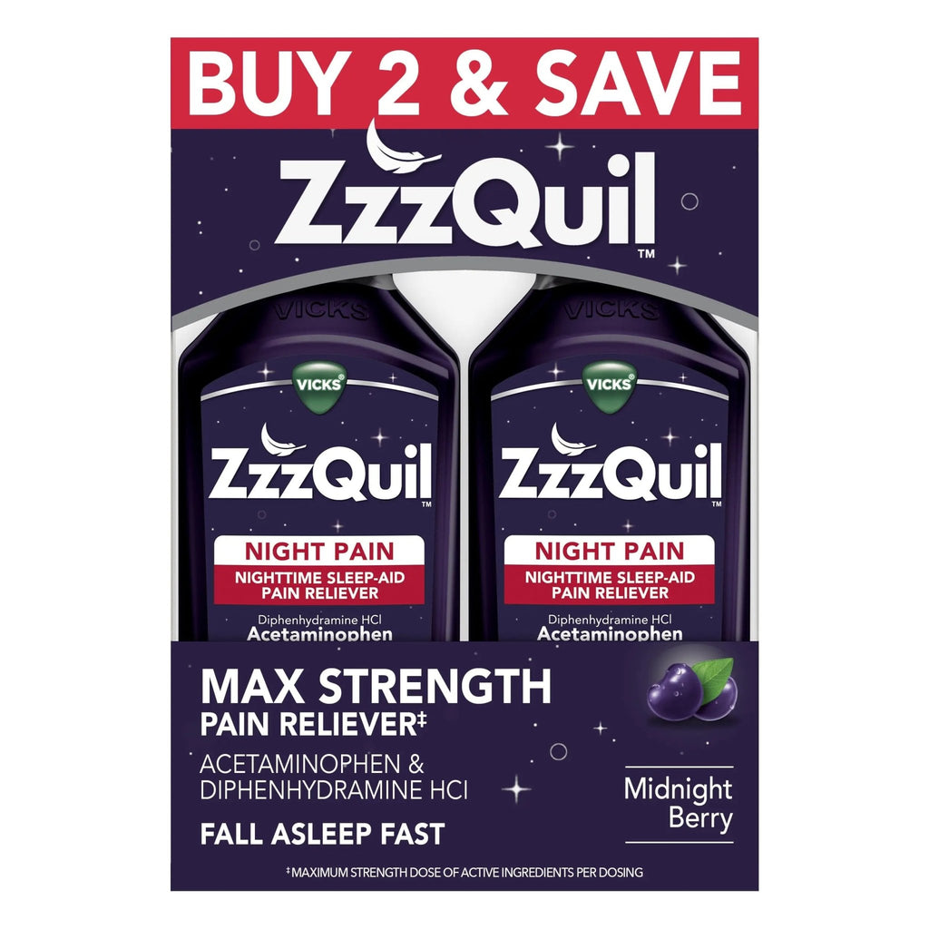 ZzzQuil Liquid, Max Strength Pain Reliever, Nighttime Sleep Aid Liquid, Acetaminophen 1000mg, Diphenhydramine 50mg HCI, Non-Habit Forming, Midnight Berry Flavored, 2 Pack, 24 FL OZ - TrustMedUSA