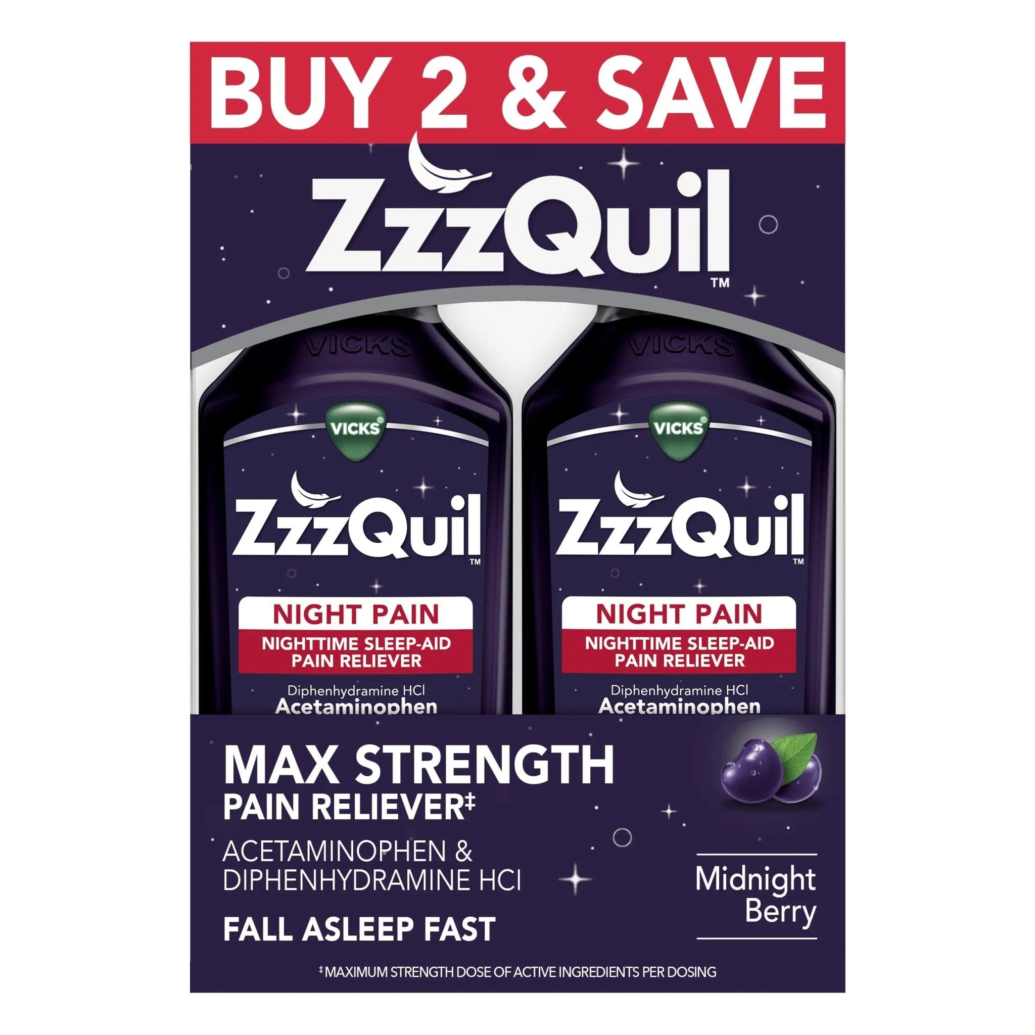 ZzzQuil Liquid, Max Strength Pain Reliever, Nighttime Sleep Aid Liquid, Acetaminophen 1000mg, Diphenhydramine 50mg HCI, Non-Habit Forming, Midnight Berry Flavored, 2 Pack, 24 FL OZ - TrustMedUSA