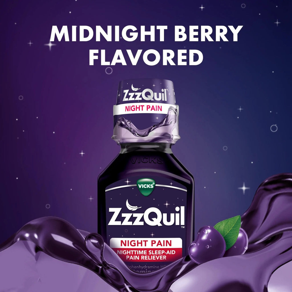 ZzzQuil Liquid, Max Strength Pain Reliever, Nighttime Sleep Aid Liquid, Acetaminophen 1000mg, Diphenhydramine 50mg HCI, Non-Habit Forming, Midnight Berry Flavored, 2 Pack, 24 FL OZ - TrustMedUSA
