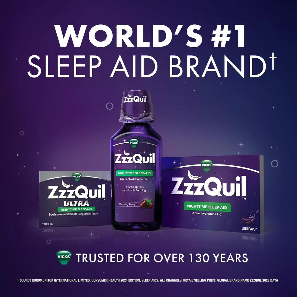 ZzzQuil Liquid, Max Strength Pain Reliever, Nighttime Sleep Aid Liquid, Acetaminophen 1000mg, Diphenhydramine 50mg HCI, Non-Habit Forming, Midnight Berry Flavored, 2 Pack, 24 FL OZ - TrustMedUSA