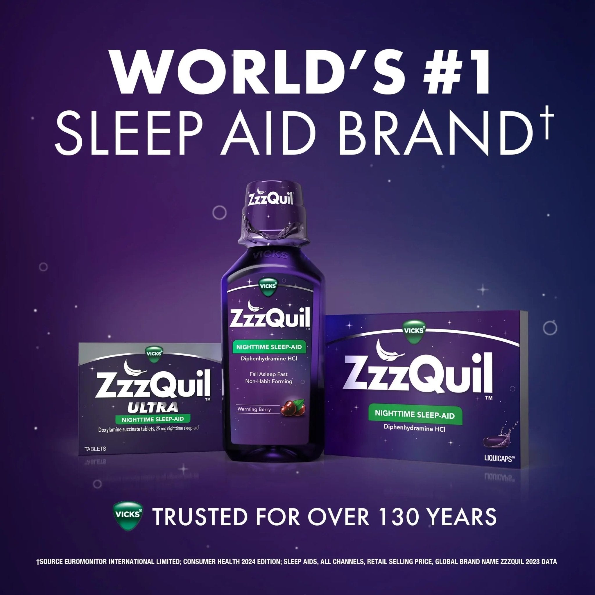 ZzzQuil Liquid, Max Strength Pain Reliever, Nighttime Sleep Aid Liquid, Acetaminophen 1000mg, Diphenhydramine 50mg HCI, Non-Habit Forming, Midnight Berry Flavored, 2 Pack, 24 FL OZ - TrustMedUSA