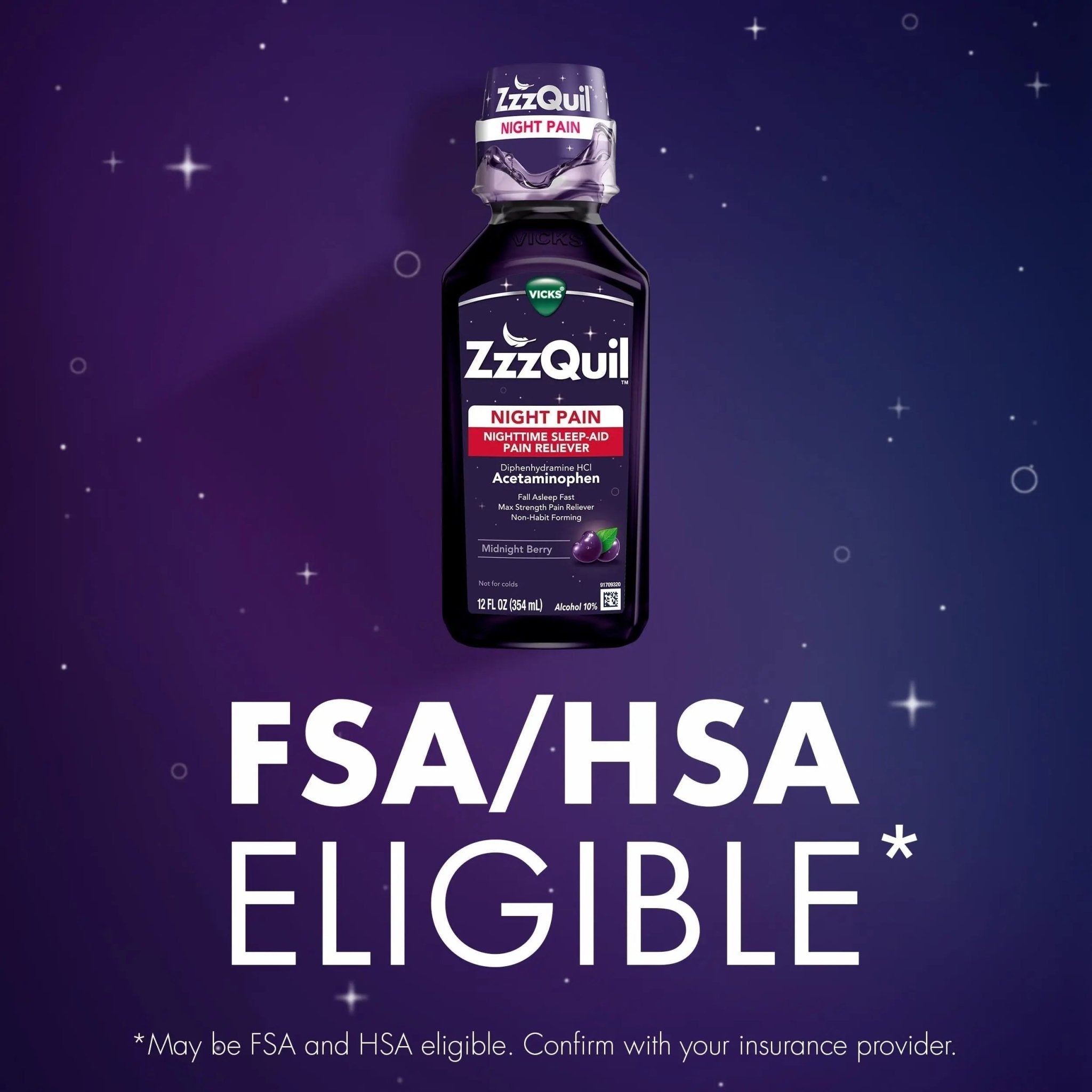 ZzzQuil Liquid, Max Strength Pain Reliever, Nighttime Sleep Aid Liquid, Acetaminophen 1000mg, Diphenhydramine 50mg HCI, Non-Habit Forming, Midnight Berry Flavored, 2 Pack, 24 FL OZ - TrustMedUSA