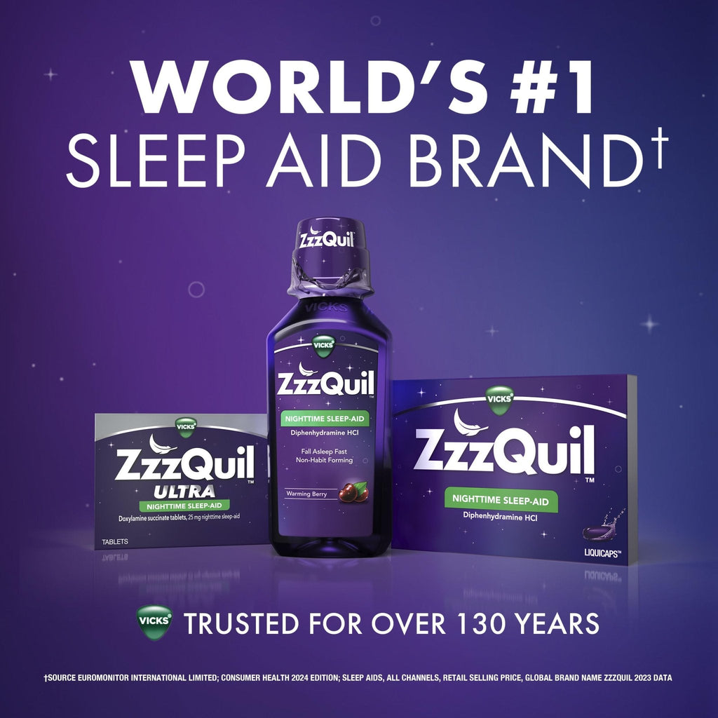 ZzzQuil, Sleep Aid, Nighttime Sleep Aid Liquid, 50 mg Diphenhydramine HCl, Fall Asleep Fast, Non-Habit Forming, Warming Berry Flavor, 12 FL OZ - Maple Wellness Supplements