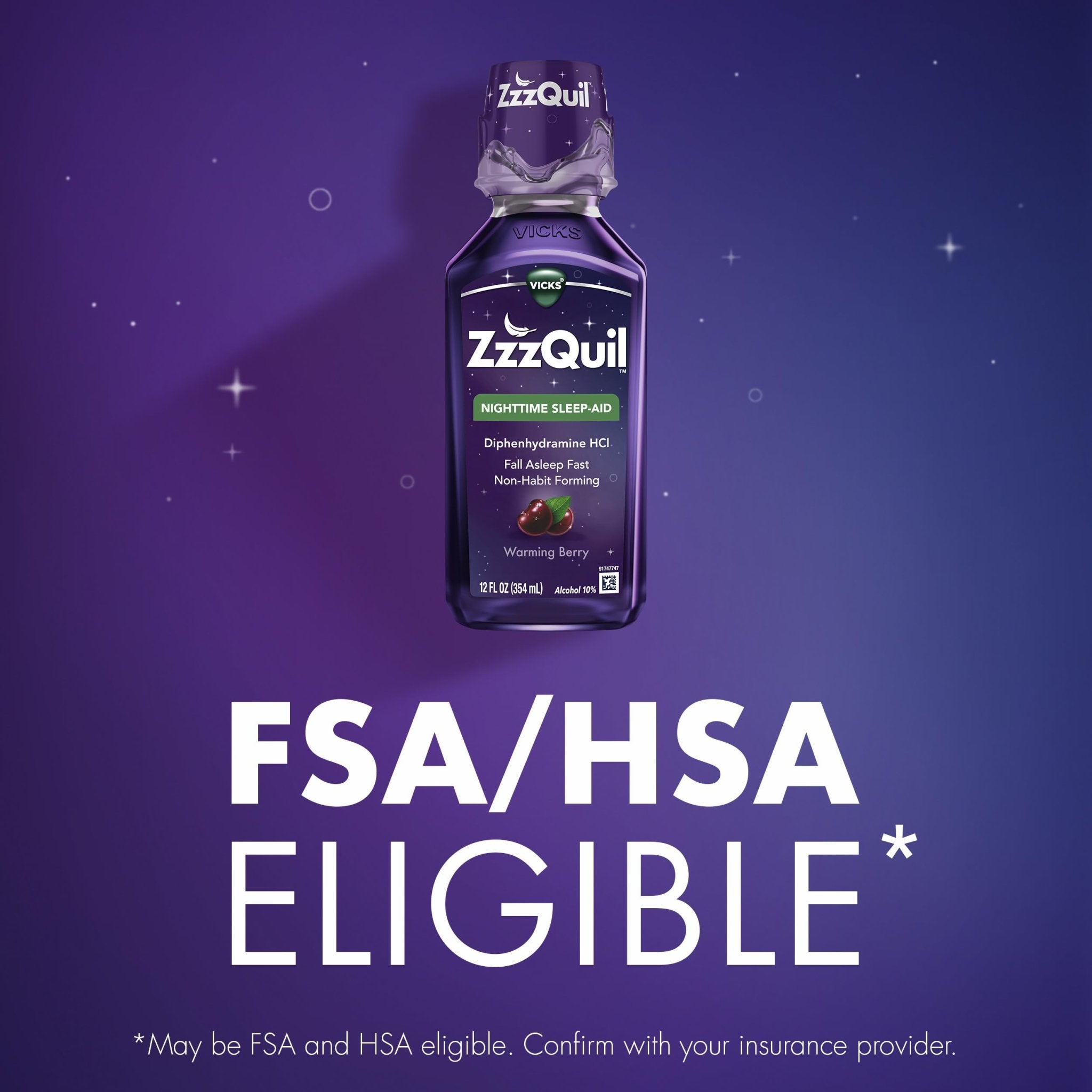 ZzzQuil, Sleep Aid, Nighttime Sleep Aid Liquid, 50 mg Diphenhydramine HCl, Fall Asleep Fast, Non-Habit Forming, Warming Berry Flavor, 12 FL OZ - Maple Wellness Supplements