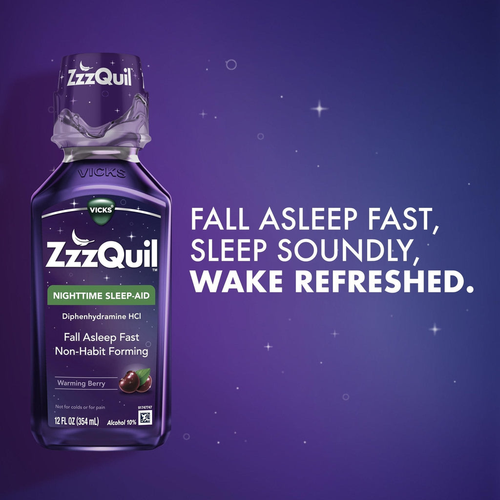 ZzzQuil, Sleep Aid, Nighttime Sleep Aid Liquid, 50 mg Diphenhydramine HCl, Fall Asleep Fast, Non-Habit Forming, Warming Berry Flavor, 12 FL OZ - Maple Wellness Supplements